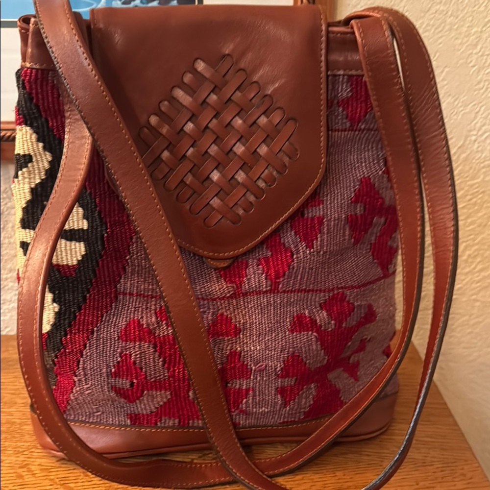 Brown and Red Woven Leather Shoulder Bag